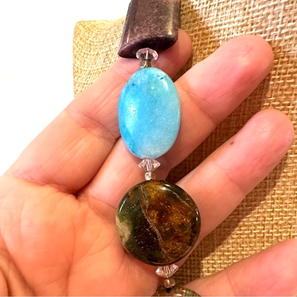 Multi Gemstone Genuine Collar Necklace in tans, browns, blue, yellow, pink - Picture 7 of 12